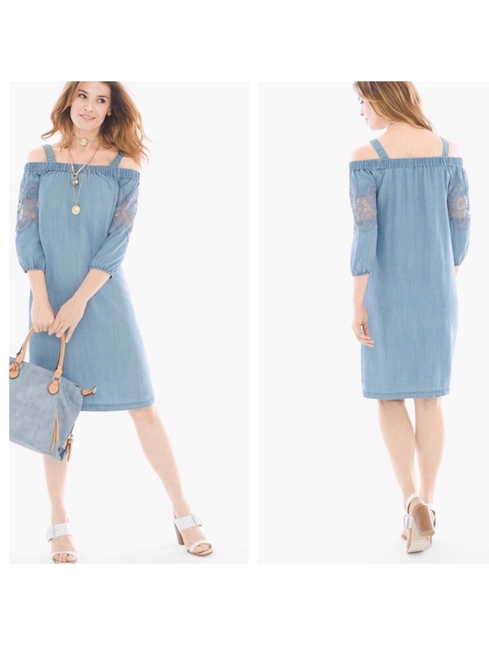 CHICO’S Denim Off-Shoulder Chambray Lace Sleeve Dress - Light Blue
